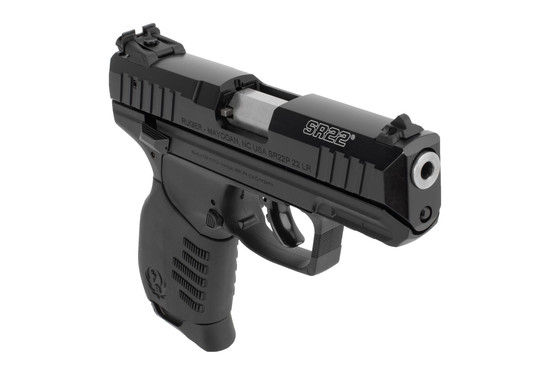 Ruger SR22 22lr pistol features a polymer frame with interchangeable rubber grips